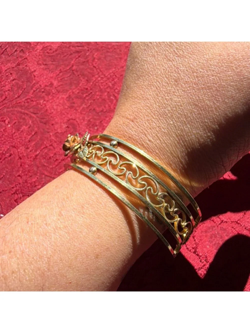 Vintage Krementz Floral Rose Cuff Bracelet Mid Century Romantic Filigree Scroll